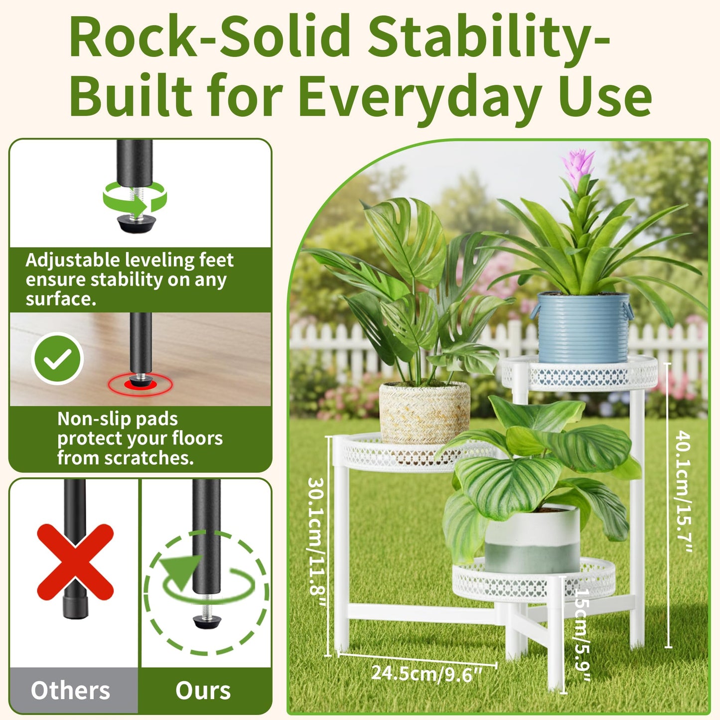 NQW 3 Tiered Tall Plant Stand Indoor Outdoor, Metral Plant Shelf for Corner Display Rack, Multi-Tier Folding Planter Pot Holder Flower Stand for Living Room Balcony Garden Patio - WhiteWave