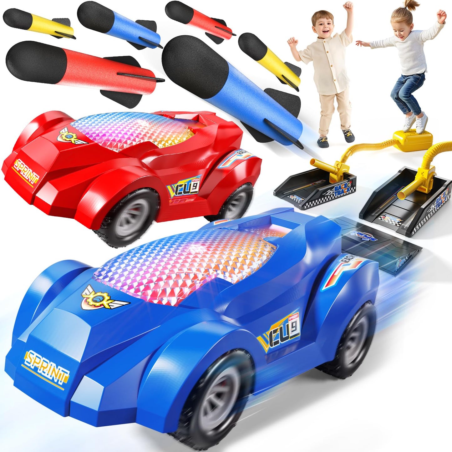 NIPLOOOW Rocket Toy Car Launcher, 2 Race Car and 6 Foam Rockets, Outdoor Outside Backyard Toys for Boys & Girls, Birthday Gift Toys for Kids Boys Girls Age 3 4 5 6 7 8 Years Old