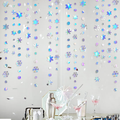 Clearance 52Ft Winter Wonderland Party Decoration Iridescent Snowflake Garland Holographic Paper Snowflake Streamer for Winter Onederland Christmas Frozen Birthday Wedding Bridal Shower Party Supplies