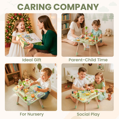 ROBUD Activity Table, 11-in-1 Montessori Learning Table with Bead Maze, Gears, Track, Shape Matching, Storage & More, Wooden Montessori Toys for Toddler, Educational Gift for Baby Boys Girls, Green