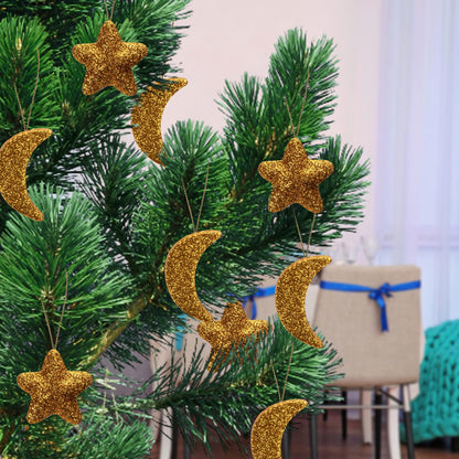 Deloky 40 Pcs Glitter Eid Mubarak Ornaments, Gold Moon Star Hanging Ramadan Tree Ornaments, Shining Ramadan Kareem Moon Star Pendant Decorations for Islamic Muslim Festival Party Home Decor