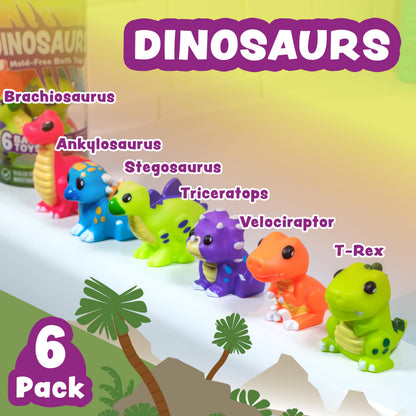Tub Works® Dinosaur Mold Free Bath Toys, 6 Pack | Sealed, No Hole Bath Toys Design Keeps Moisture Out | Soft, Squeezable & Float on Water | Easy-Grip Baby & Toddler Bath Toy Set | Great Baby Pool Toys