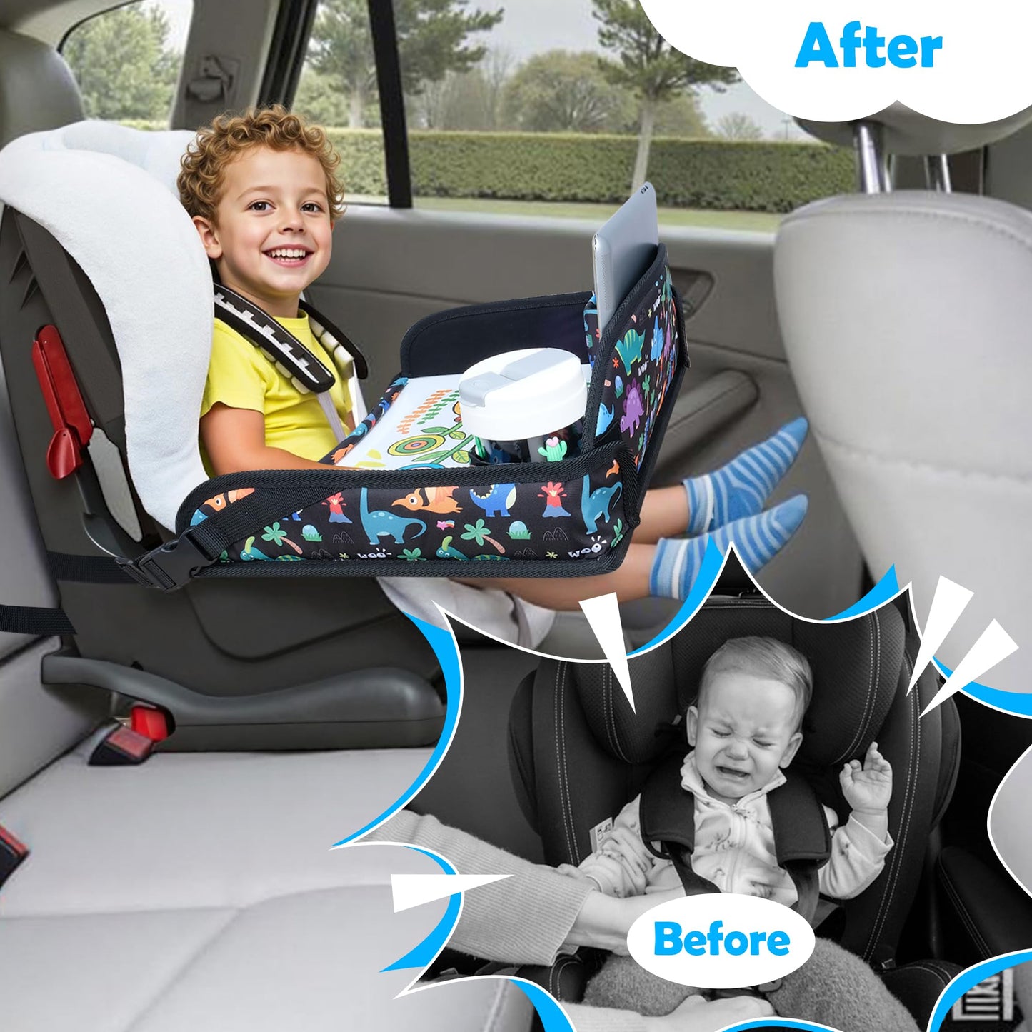 AZAMIA 2Pcs Kids Travel Tray for Toddler Carseat, Road Trip Activities Essentials for Toddler, Kids Lap Desk Tray with Tablet Holder Stand ＆ Dry Erase Board (Dinosaur-2Pcs)