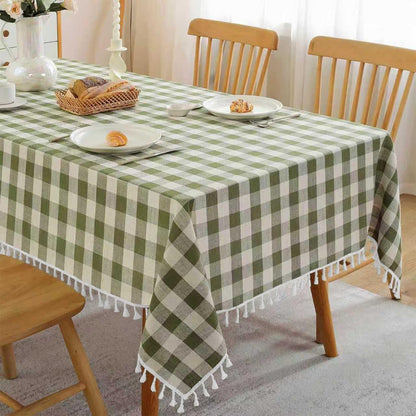 JIALE Spring Gingham Tablecloth Rectangle Cotton Linen Fabric Checkered Table Cloth with Tassel Washable Wrinkle Free Buffalo Plaid Table Cover for Outdoor Party Picnic Kitchen Dining, Green, 55x75