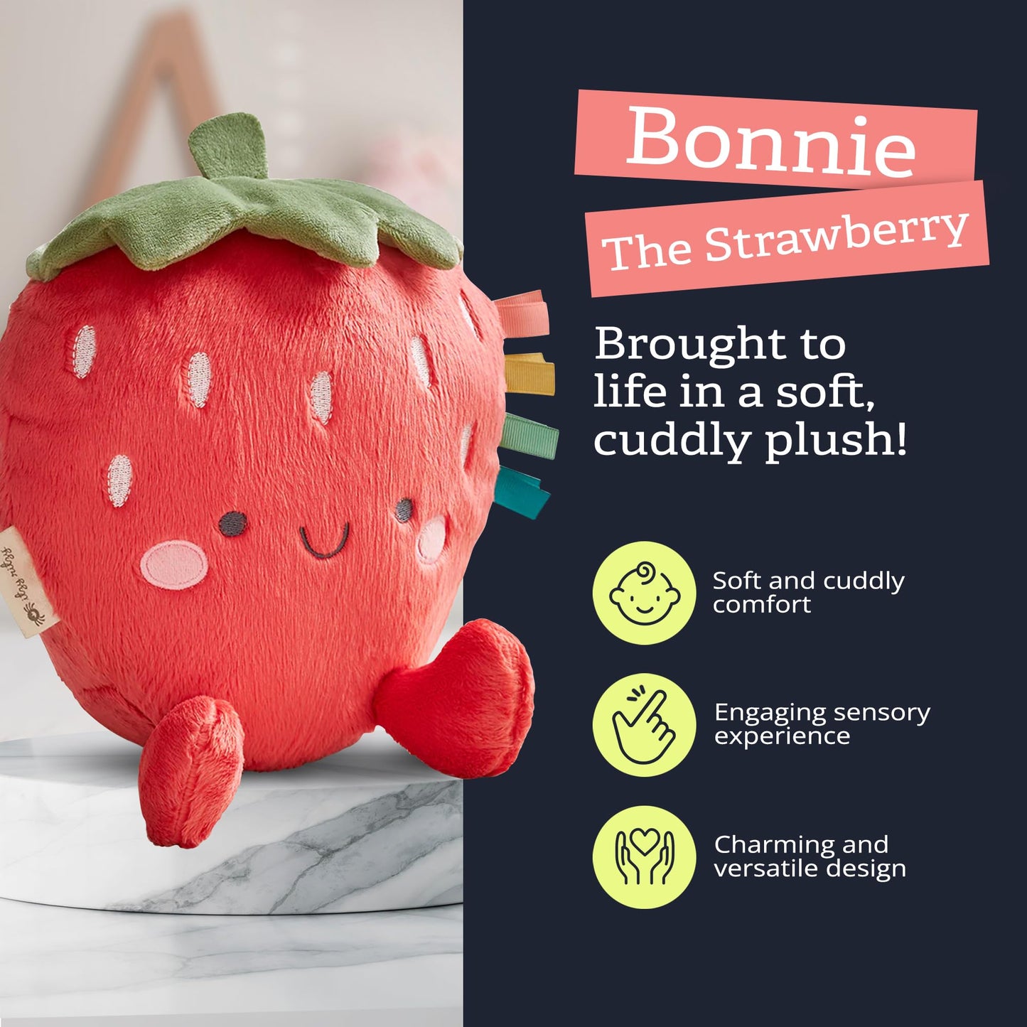 Itzy Ritzy Snuggles Plush Toy – Soft Stuffed Animal for Babies, Kids & Adults – Sensory Ribbons & Textured Fabrics for Tactile Play – Cozy & Cuddly Companion for Newborns & Up (Strawberry)