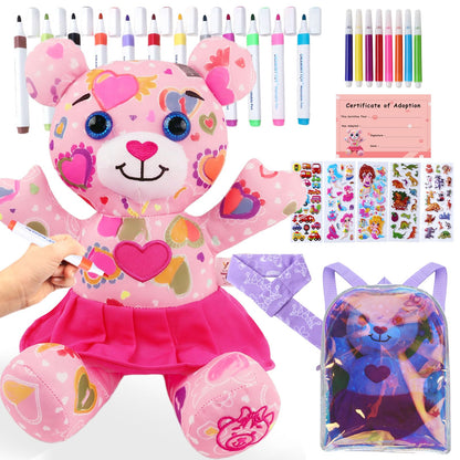 DRAWMYTOY Stuffed Animal Coloring Plush Toy Bear with 20 Washable Markers Laser Holographic Backpack Road Trip Car Game Writing Painting Set for Girls Doodle Dolls Kids Ages 3-6 Birthday (Pink Bear)