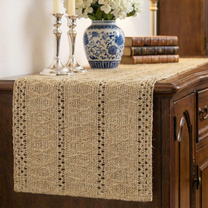 Xiomot Burlap Boho Table Runner Farmhouse Rustic Jute Macrame Woven Dining Table Runner for Bedroom Dresser Kitchen Home Decor(Brown, 12x36 in)