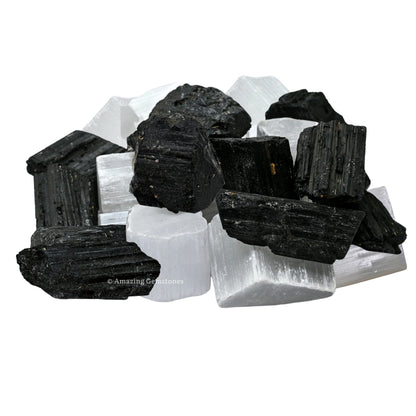 Amazing Gemstone Black Tourmaline Selenite Crystal - 1/2 lb Bulk Raw Black Tourmaline Crystals and Selenite Healing Crystals for Protection, Crystal Grid, Energy Piedra Selenita Original