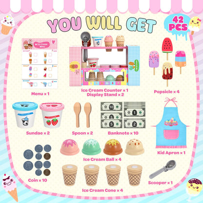 INNOCHEER Ice Cream Toy, Wooden Ice Cream Play Set, Pretend Play Kitchen Toys, Ice Cream Toys for Toddlers, Ice Cream Shop Playset Play Store, Gifts Toys for 3 4 5 6 7 8+ Year Old Girls Boys