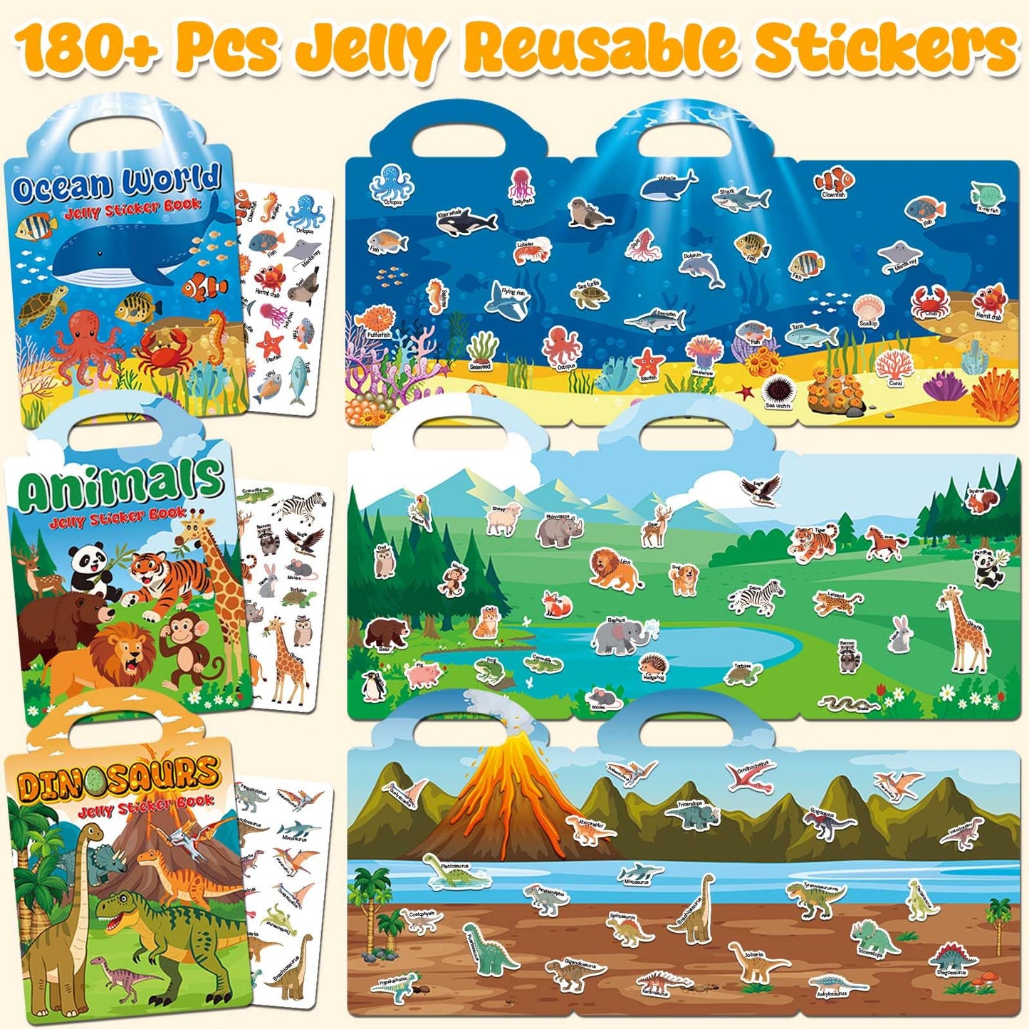LYNKTOTS 6 Sets Reusable Sticker Books for Toddlers 3+ Years, Jelly Sticker Book for Kids, Travel Stickers Activity Book Travel Toys for Toddlers