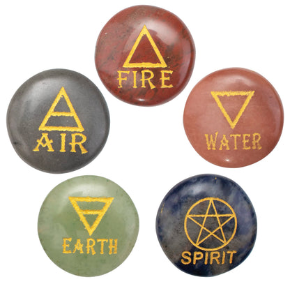 Crocon 5 Elements Assorted Stones Round Shape Engraved Triangle Symbols (Earth Air Fire Water Spirit) Polished Palm Stones for Gemstone Reiki Crystals Healing Stones Meditation Divination Gifts