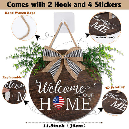 Yonuni Interchangeable Welcome to Our Home Sign, Equipped with 16 Replaceable Icons, Farmhouse Front Door Signs Wooden Wreath Suitable for All Seasons Holiday Halloween Christmas (12x12 Inch)