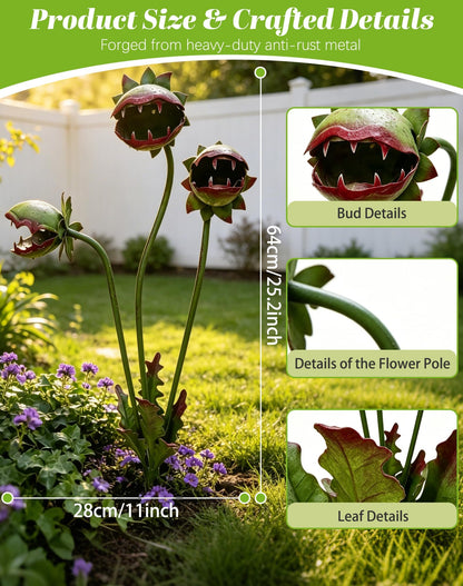 HUBAI Whimsical Metal Carnivorous Plant Garden Stake, 25-Inch Large Venus Flytrap Monster Plant Sculpture, Durable Yard Art for Flower Beds, Patios, Planters, Unique Quirky Garden Decor (Green)