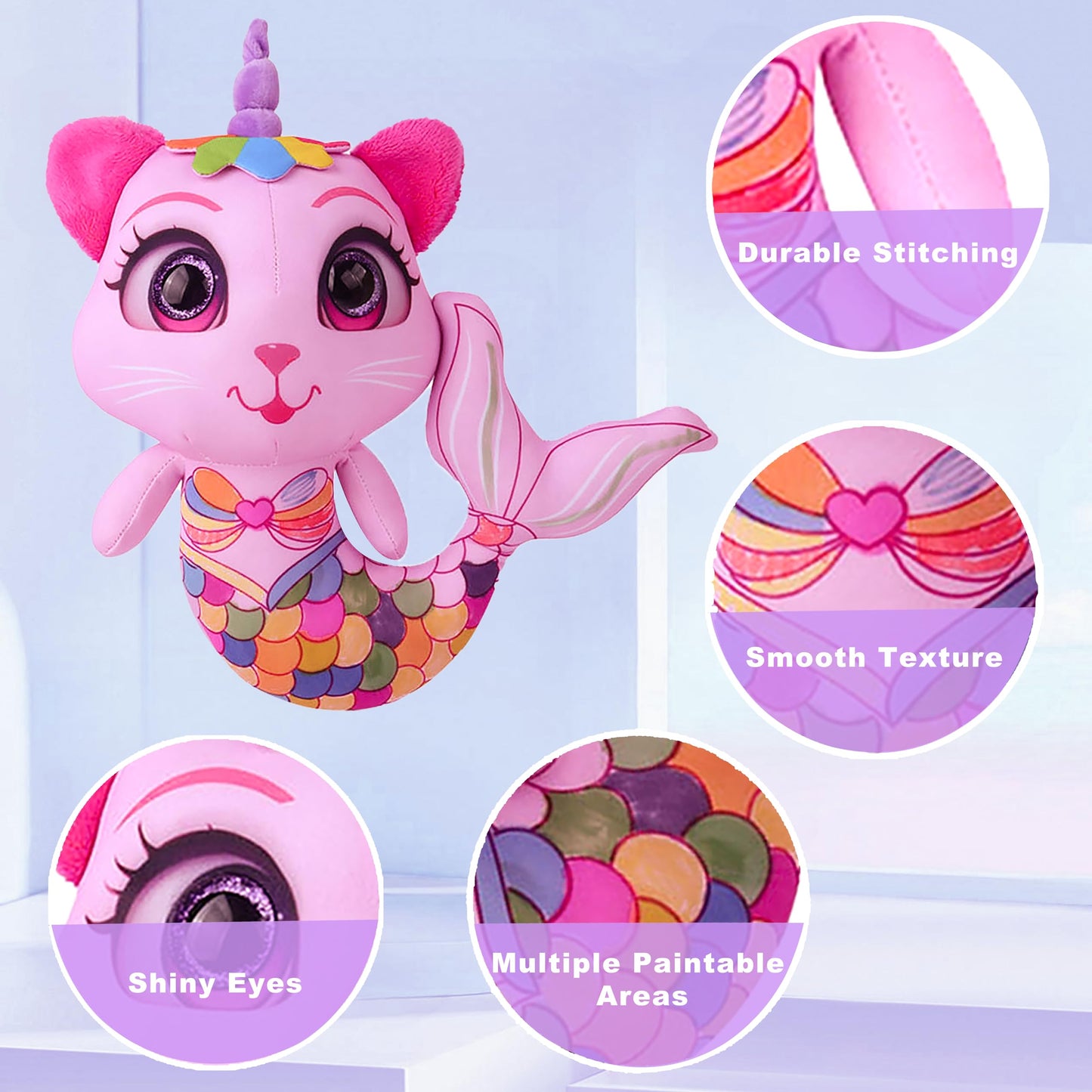 Stuffed Animal Coloring Plush Toy with 20 Washable Markers Laser Holographic Backpack Road Trip Car Game Writing Painting Set for Girls Doodle Dolls Kids Ages 3-6 Birthday(Pink Cat Mermaidr)