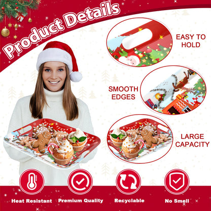 gisgfim 2PCS Christmas Serving Tray with Handles 16 X 11 Inch Large Melamine Platter Serving Dishes Rectangular Xmas Tree Santa Snowman Gingerbread House Food Tray for Snack Cookie Candy Dessert Plate