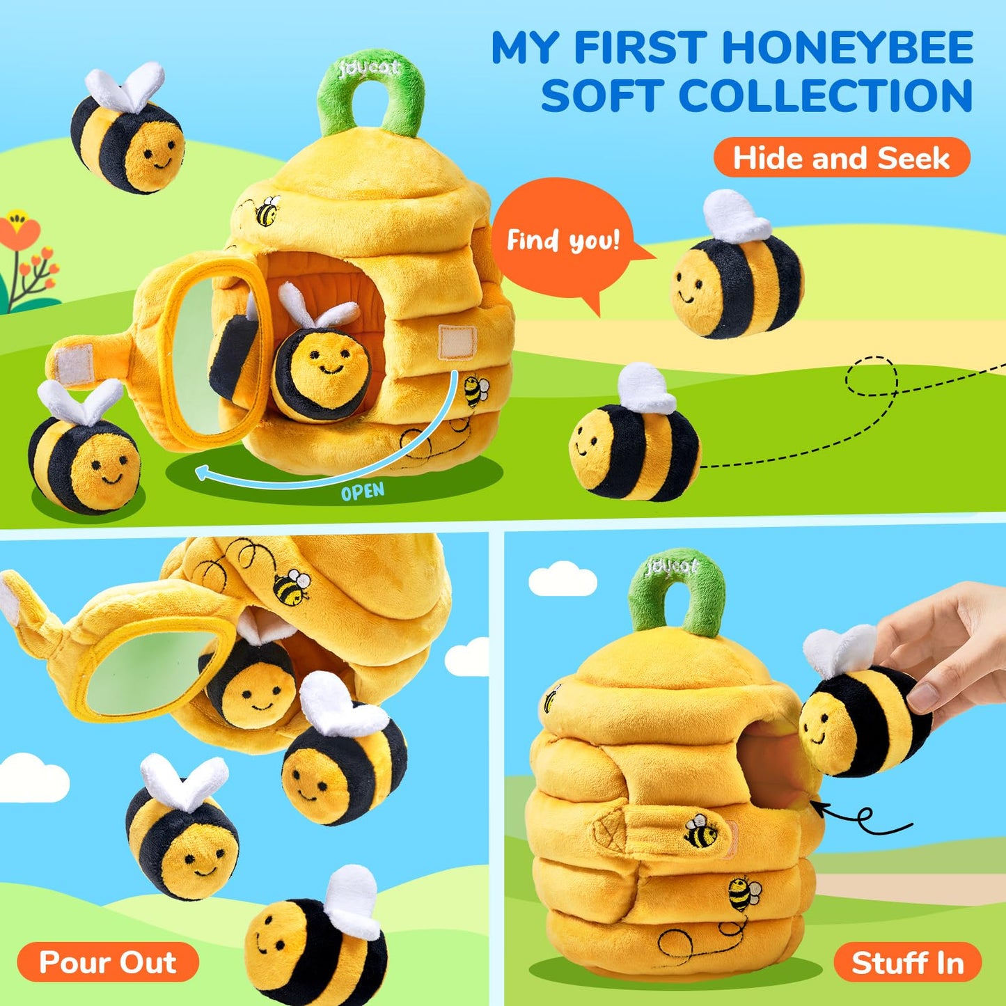 JoyCat Baby Toys 6-12 Months, Soft Baby Beehive with 5 Sensory Bees - Rattle, Crinkle Paper, Squeaker, Mirror + Sensory Owl Stuffed Animal, Soft Tummy Time Toy for Infant with Textured Crinkle Mirror