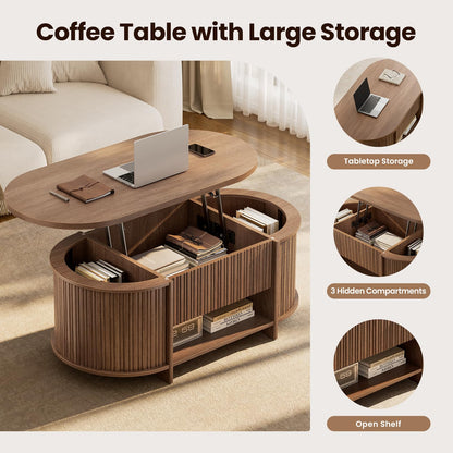 Sikaic Fluted Lift Top Coffee Table with Storage, Mid Century Modern Oval Coffee Tables with Open Shelf and Hidden Storage Compartment, Center Table for Living Room, Office, Small Space, Walnut Brown