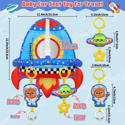 Dr.Rapeti Double-Sided Car Seat Toy, Rear Facing Car Seat Toy, Travel Activity Set, Easier Drive for Newborn, Adjustable Activity Arch with Baby Mirror, Teether, Ring Rattles