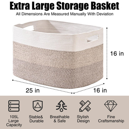 ICERZCZ Extra Large Blanket Basket Living Room, Rectangle Storage Basket, Large Woven Baskets for Storage, Cotton Rope Basket for Toys, Clothes, Gradient Brown - 25”x16”x16” (105L)
