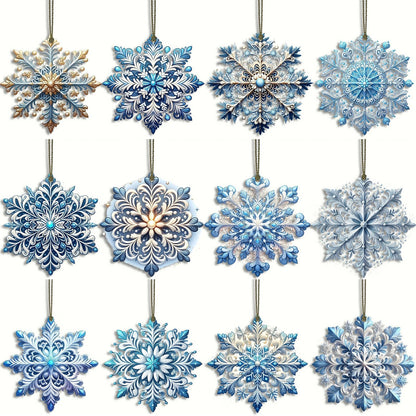 12Pcs Christmas Tree Decorations Christmas Snowflake Wooden Ornaments Christmas Decor Creative Blue Snowflake Christmas Ornaments for Tree Winter Home Decoration Holiday Party DIY Crafts