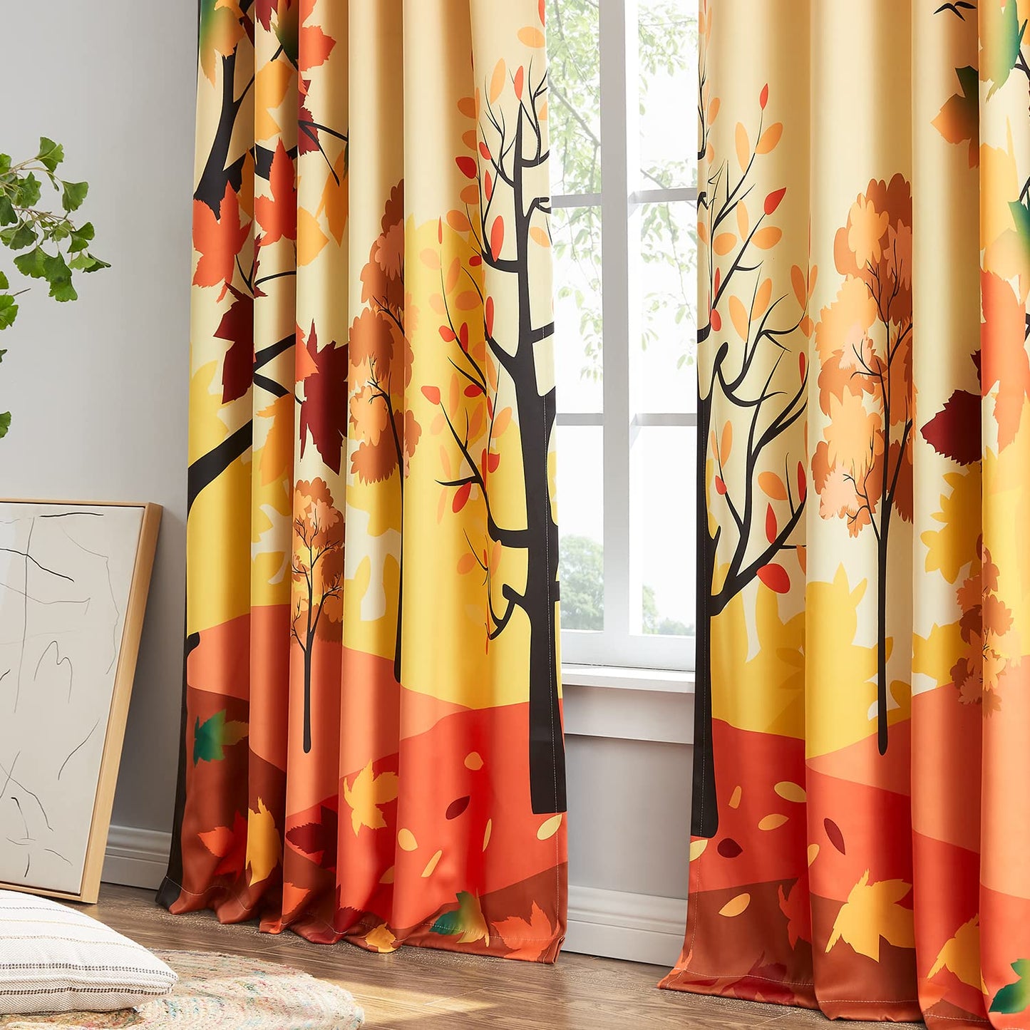 FMFUNCTEX 100% Blackout Curtains 84 Inches Long for Living Room, Orange Yellow Autumn Fall Leaves Camouflage Thermal Curtains, Illustration Scenery Drapes Rod Pocket Curtains for Bedroom,2 Panels
