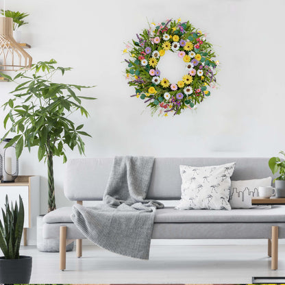 MAINGKAUNG Spring Wreath 22 Inch Artificial Summer Wreath with Yellow Daisy Flowers Green Eucalyptus Leaves Lavender Spring Wreaths for Front Door Home Farmhouse Porch Wall Easter Festival