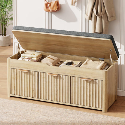 LOOMORA Shoe Bench with Storage - Lift Top Entryway Bench with Hidden Storage, Shoe Rack with Adjustable Shelves and Cushioned Seat, Wooden End of Bed Bench for Bedroom, Living Room and Hallway,Nature