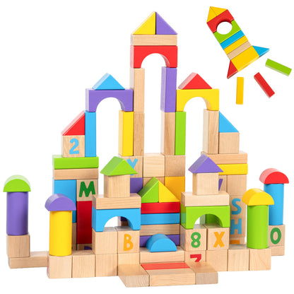MOMOARI Alphabet Number Wooden Building Blocks Set -100 Blocks in 5 Water Paint Colors and 7 Shapes. Preschool Montessori Kids Baby Toys. Stacking Learning Toys for Toddlers. Age 18 Months +
