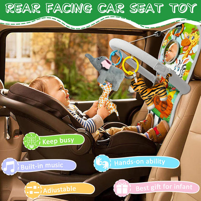 TOYMNI Car Seat Toys for 6-12 Months - Musical Pedal Piano with Baby Mirror, Squeaky Sensory Soft Animal Toys for Rear Facing Carseats