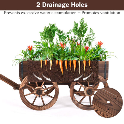 S AFSTAR Wooden Wagon, Wood Flower Planter Pot Stand with 4 Wheels & Drainage Holes, Amish Wagon Planter, Rolling Pot Stand Wood Wagon for Outdoor Plants Garden Decorative Garden Planter, Brown