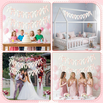 NatNarr 2 Pcs White and Pink Bow Garland, Satin Ribbon Valentines Day Decorations Pre-Strung Bow Garland Party Banner for Wedding Birthday Baby Bridal Shower