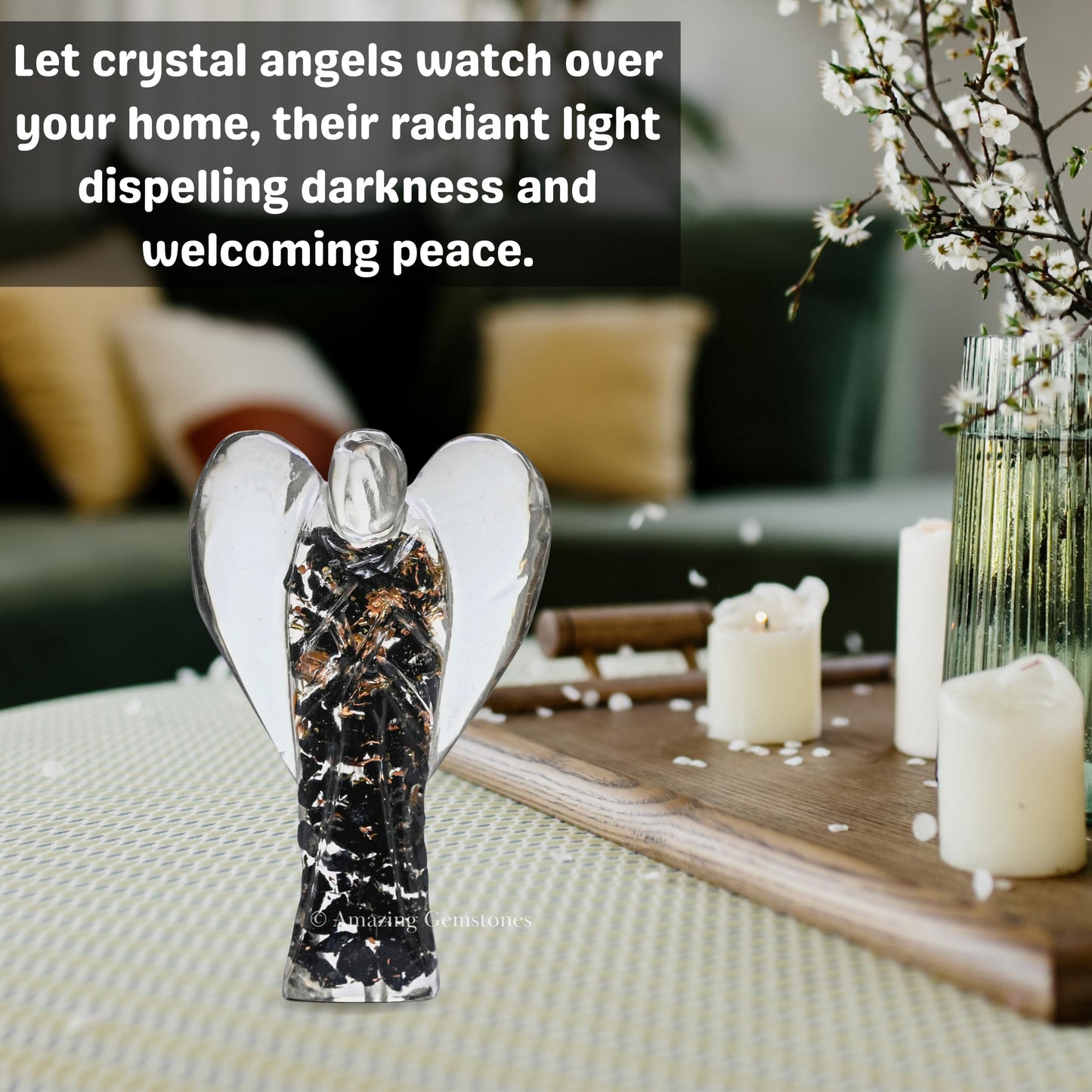 Amazing Gemstone Black Tourmaline Guardian Angel Figurine Pocket Crystal Angel for Protection - Orgone Guardian Angel with Orgonite Layer and Natural Crystal for Healing Gift (2 Inch, Organite)