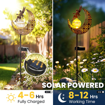 SUNCKET Fairy Garden Solar Lights Outdoor Moon Stakes, Waterproof Outdoor Metal Decor Gifts for Women Mom, Art Moon Sculpture for Yard, Patio, Garden, Porch, 1 Pack