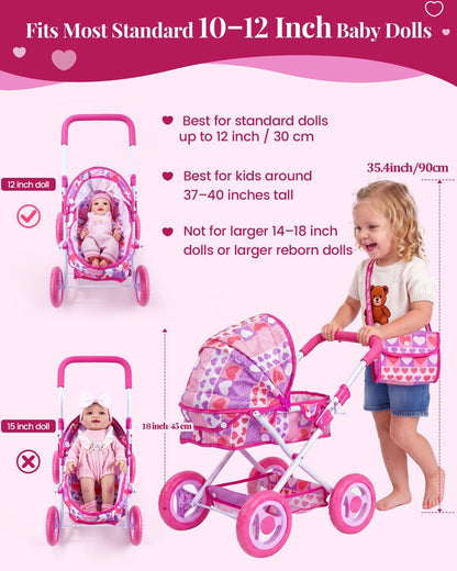 BABESIDE Baby Doll Stroller Set with 12 Inch Baby Doll, 14 Pcs Baby Doll Accessories, Folding Doll Pram Pretend Play Set, Feeding, Bath & Care Toys, Gift for Girls Ages 3yrs+