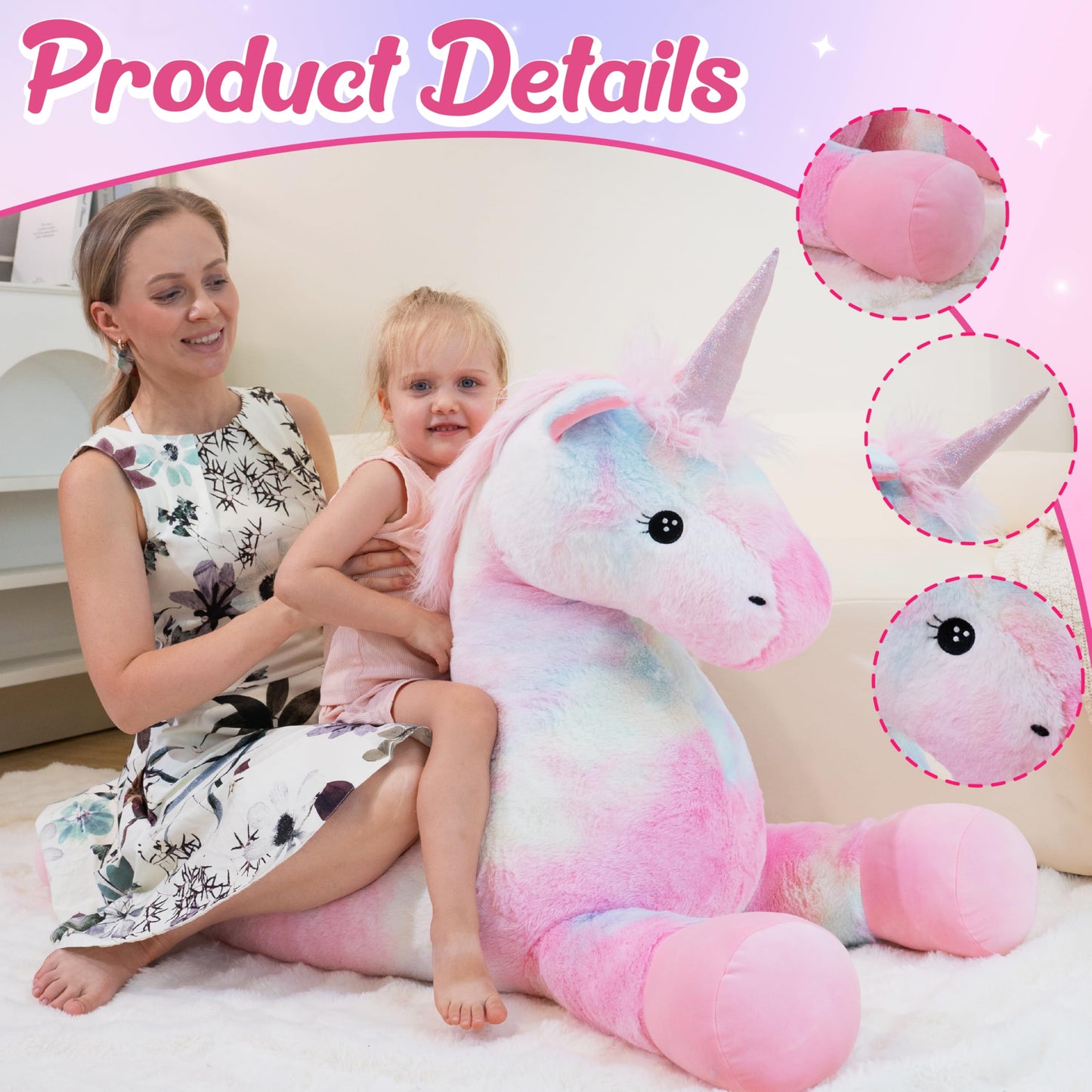 GADXV 49 inch Pink Unicorn Stuffed Animal, Giant Stuffed Unicorn Plush, Large Unicorn Stuffed Animal for Girls Big Pink Plush Birthday, Christmas