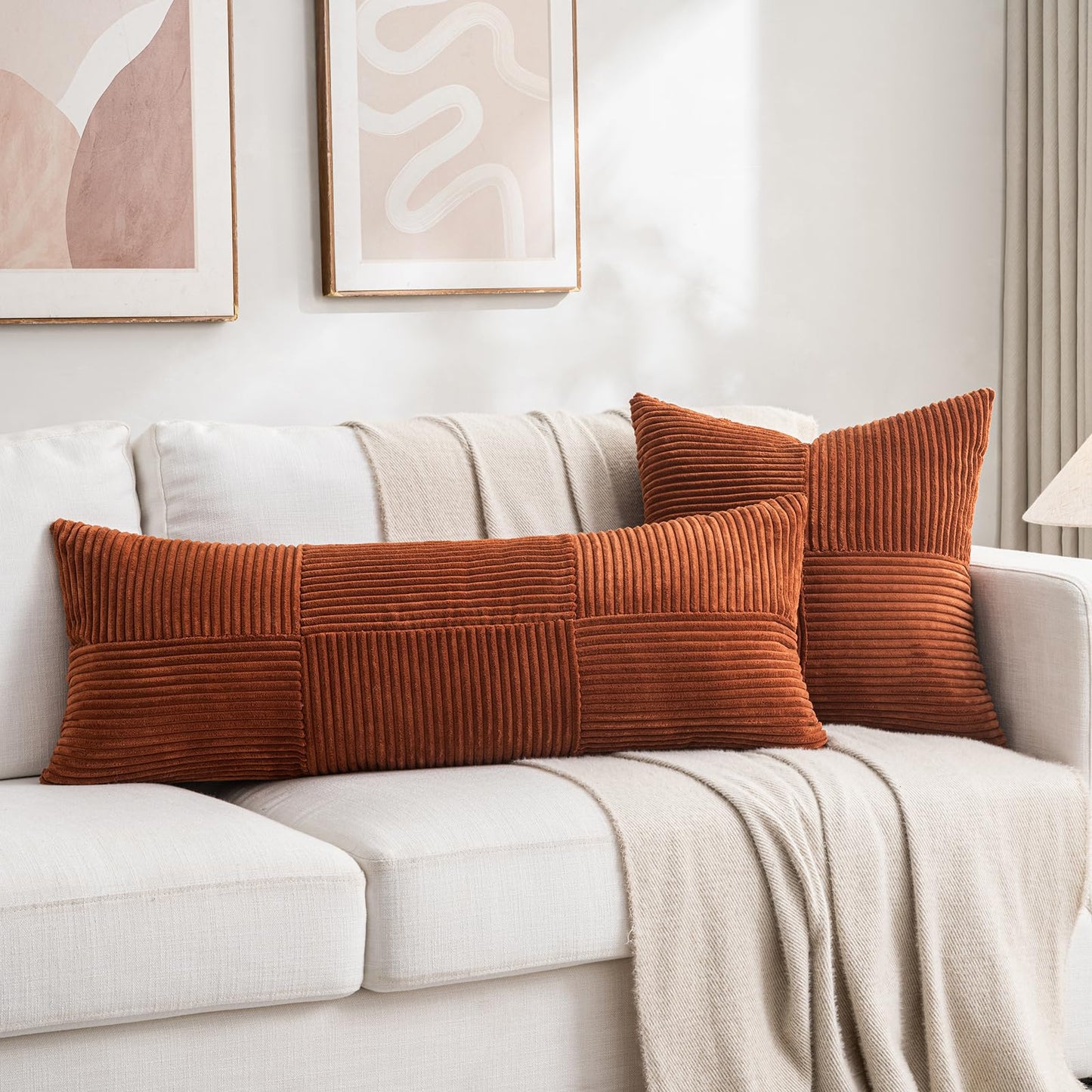 Fancy Homi 2 Packs Rust Boho Decorative Throw Pillow Covers 18x18 Inch for Couch Bed Sofa, Farmhouse Fall Home Decor, Soft Corss Corduroy Patchwork Textured Terracotta Accent Cushion Case 45x45 cm