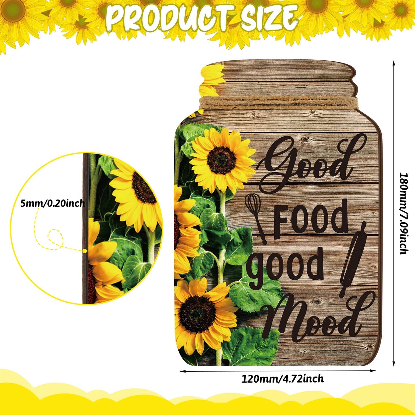 4 Pcs Kitchen Wall Decor Mason Jar Set Wooden Rustic Home Decor Inspirational Kitchen Hanging Farmhouse Wall Signs for Home decoration(Sunflower)
