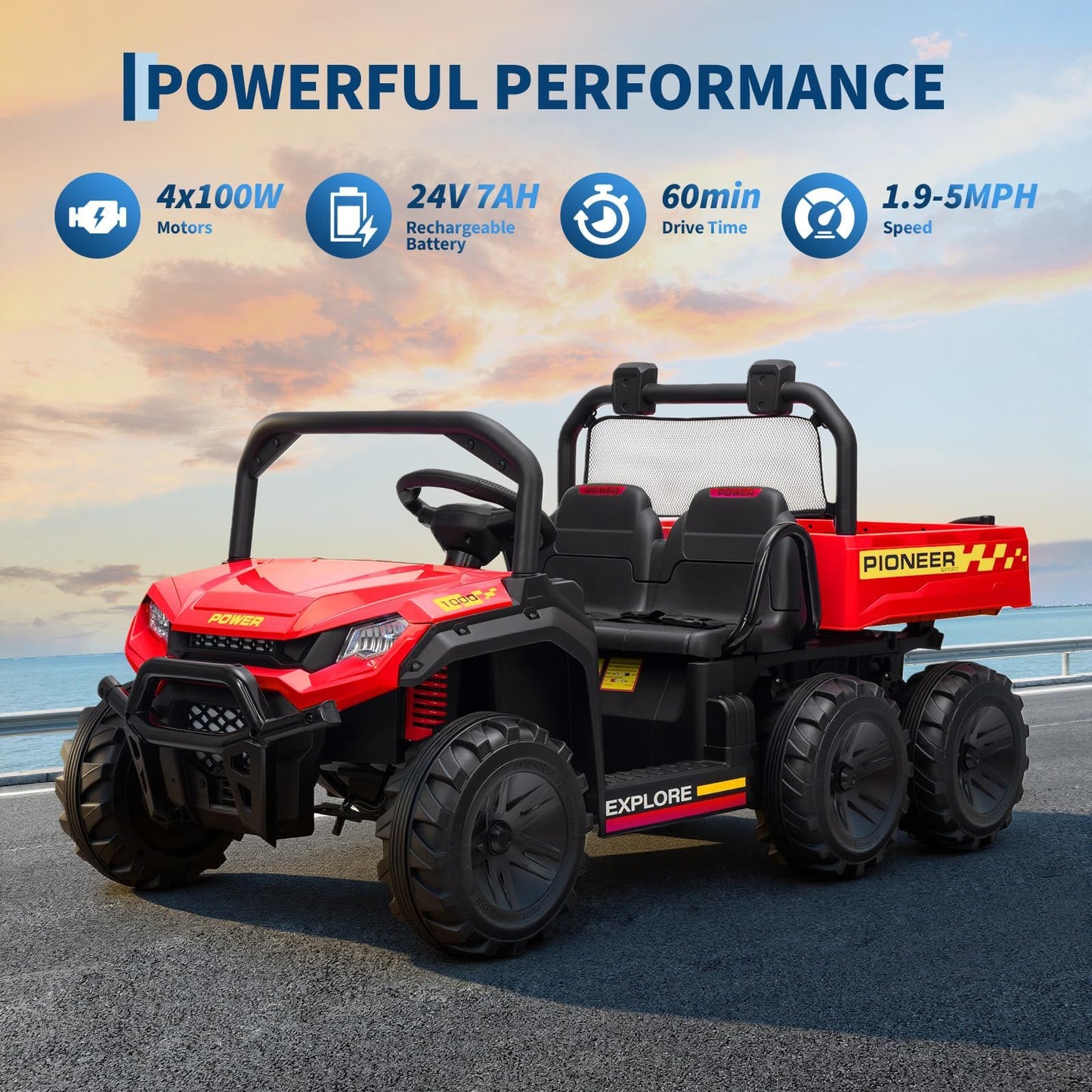 24V Electric Ride-on Dump Truck for Kids, 4WD Ride-On Car for Kids, 2-Seater UTV with Remote Control, Off-Road Electric Vehicle for Boys & Girls Outdoor Play