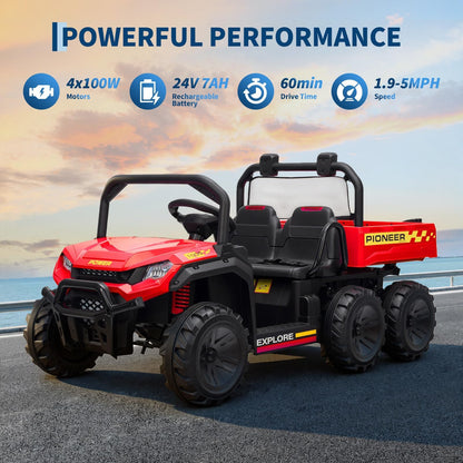 24V Electric Ride-on Dump Truck for Kids, 4WD Ride-On Car for Kids, 2-Seater UTV with Remote Control, Off-Road Electric Vehicle for Boys & Girls Outdoor Play