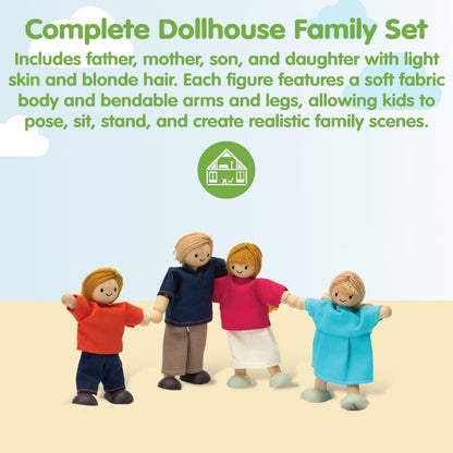 PlanToys® Family Wooden Dollhouse Figurine Set | 4 Poseable 1:12 Scale Mini Dolls (Parents & Kids) | Dollhouse Accessories for Pretend Play | Eco-Friendly Montessori Toy for Kids Ages 3+