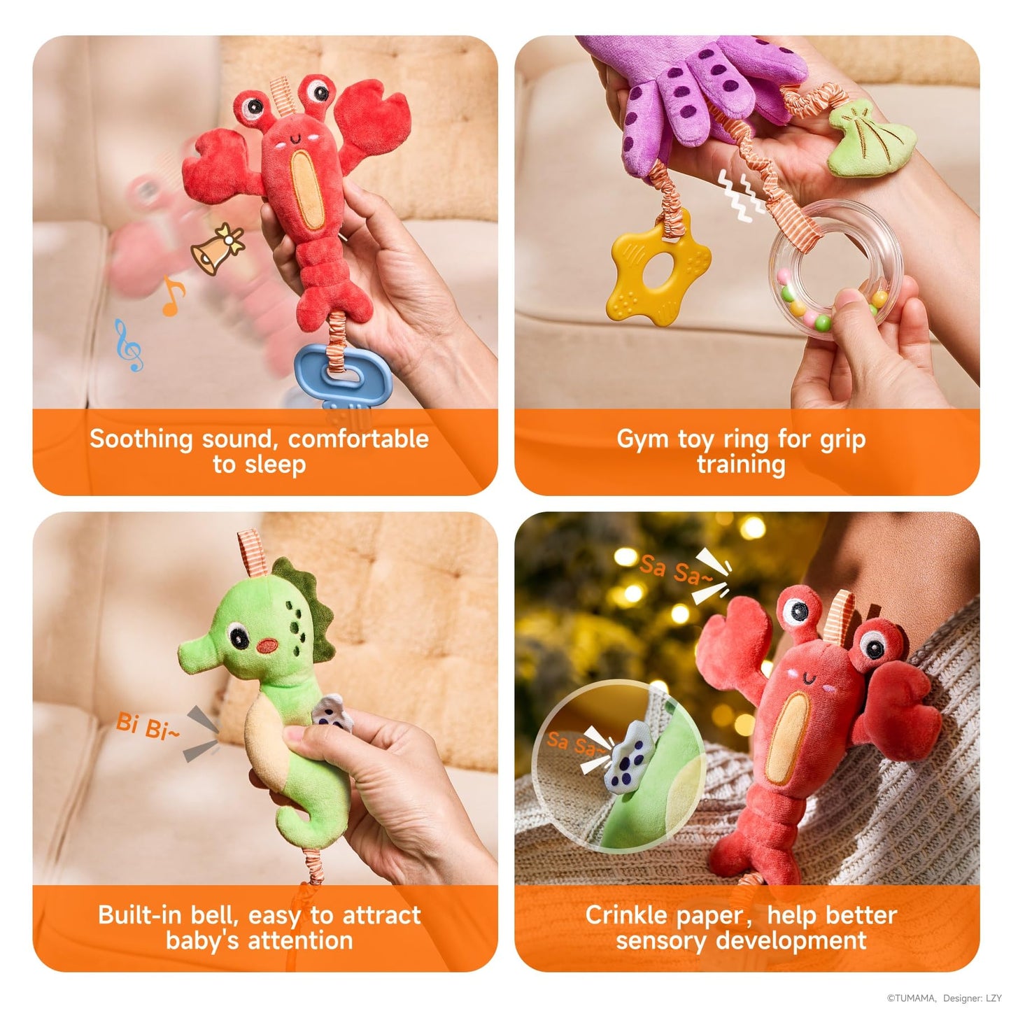 TUMAMA Baby Toys 0 3 6 12 Months, Hanging Stroller Toys Soft Marine Animal Crib Car Seat Toys, Crinkle Infant Rattles with Teether Squeaky Sensory Developmental Toy for Newborn