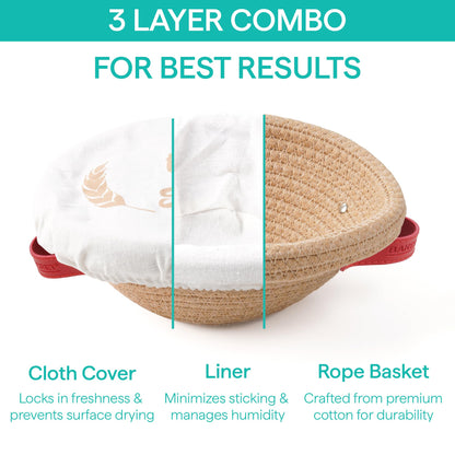 Baker's Secret Cotton Rope Banneton Bread Proofing Basket Set, Oval & Round Bread Baskets with Liners & Covers for Artisan Bread Baking, Sourdough Bread Baking Supplies
