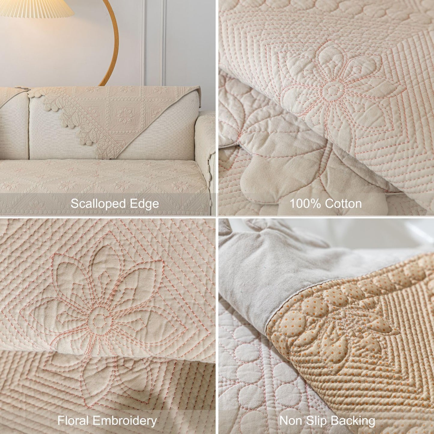 XSlive Cotton Quilted Dog Couch Cover for Sofa Farmhouse Rustic Embroidery Sectional Couch Cover Soft Anti-Slip Sofa Slipcover Furniture Protector for Kids, Pets (Khaki,28"x28")
