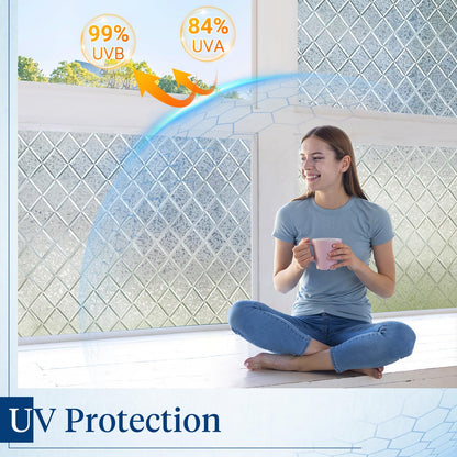 Haton Window Privacy Film Decorative Frosted Glass Window Film, Sun Blocking Stained Glass Clings, Static Cling Removable Stickers for Home Door Coverings, Lattice Pattern 17.5" x 78.7"
