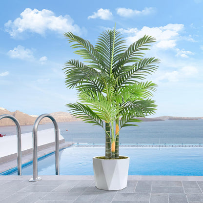 Keeplush 4ft Tall Triple Golden Cane Palm Artificial Tree Large Tropical Palm Tree UV Resistant Fake Plant in Pot for Indoor Outdoor Big House Living Room Outside Patio Office Home Decor 1Pack