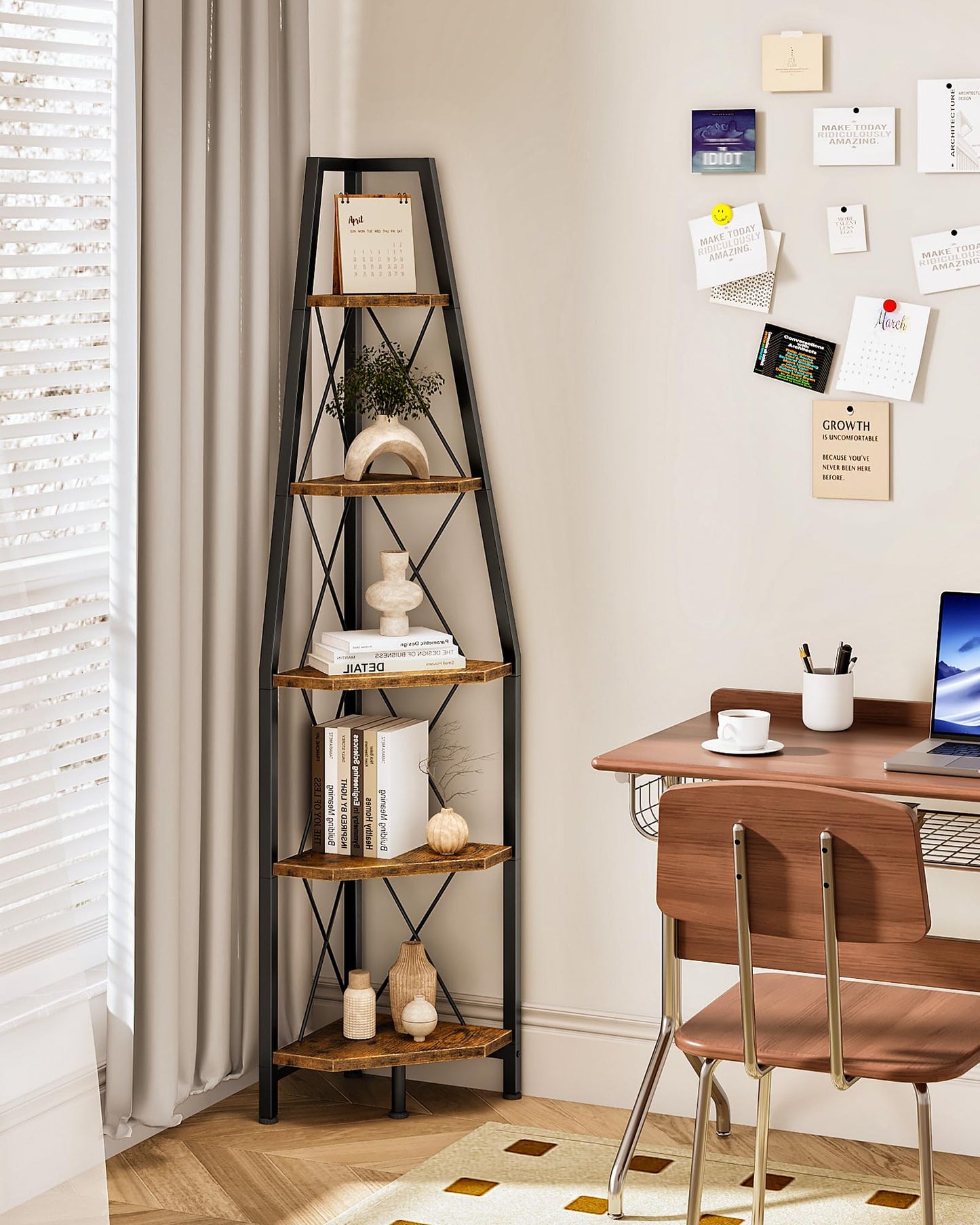 CHOEZON 5-Tier Corner Shelf, Corner Bookshelf, Ladder Shelf, Floor Standing Storage Rack, Open Display Stand, Plant Stand, for Living Room, Bedroom, Study, Bathroom, Rustic Brown and Black TCJ22BF