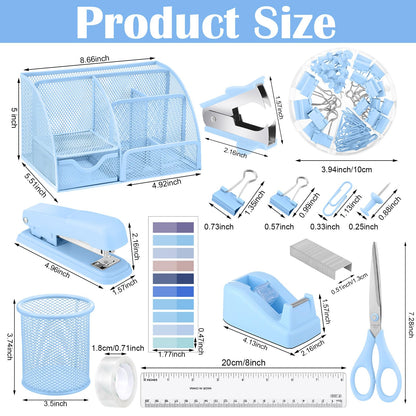 11 in 1 Blue Desk Organizer and Accessories, Blue Desk Accessories Light Blue Office Supplies Include Blue Stapler Blue Tape Dispenser Pen Holder Staple Remover Clips Ruler Scissors Tapes Tabs
