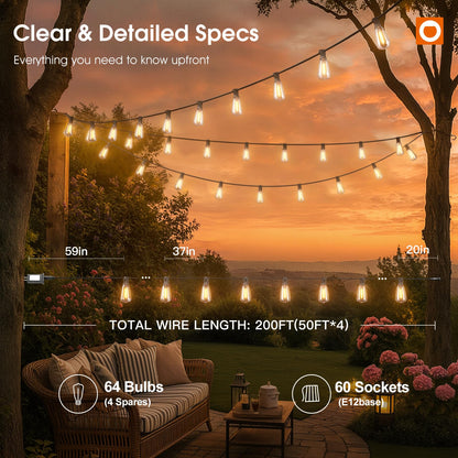 addlon 198FT Outdoor String Lights for Outside with Remote Waterproof Patio Lights with Plastic ST38 LED Edison Bulbs Outdoor Lighting Extra Long for Backyard Bistro Porch Garden Pergola Party Decor