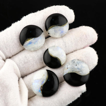 ColouredRocks Moonstone & Labradorite (5pcs)(18-20mm) Natural Cabochon Crystals, Loose Gemstone, Wholesale Polished Supply, Jewelry Making, Chakra Healing Stone, DIY Craft, Gem Collection