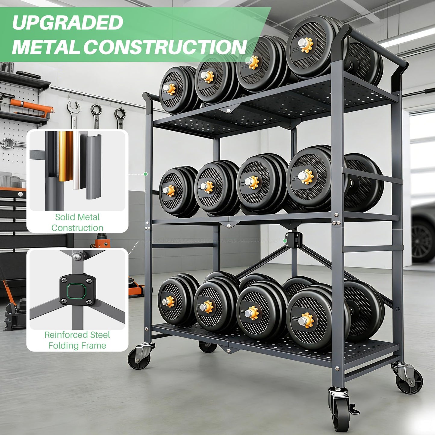 3 Tier Utility Carts - Folding Metal Rolling Cart with Wheels for Kitchen Office Garage Storage, Grey